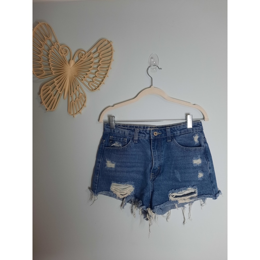 Kancan Distressed High Rise Denim Shorts Medium Wash Raw Hem Small